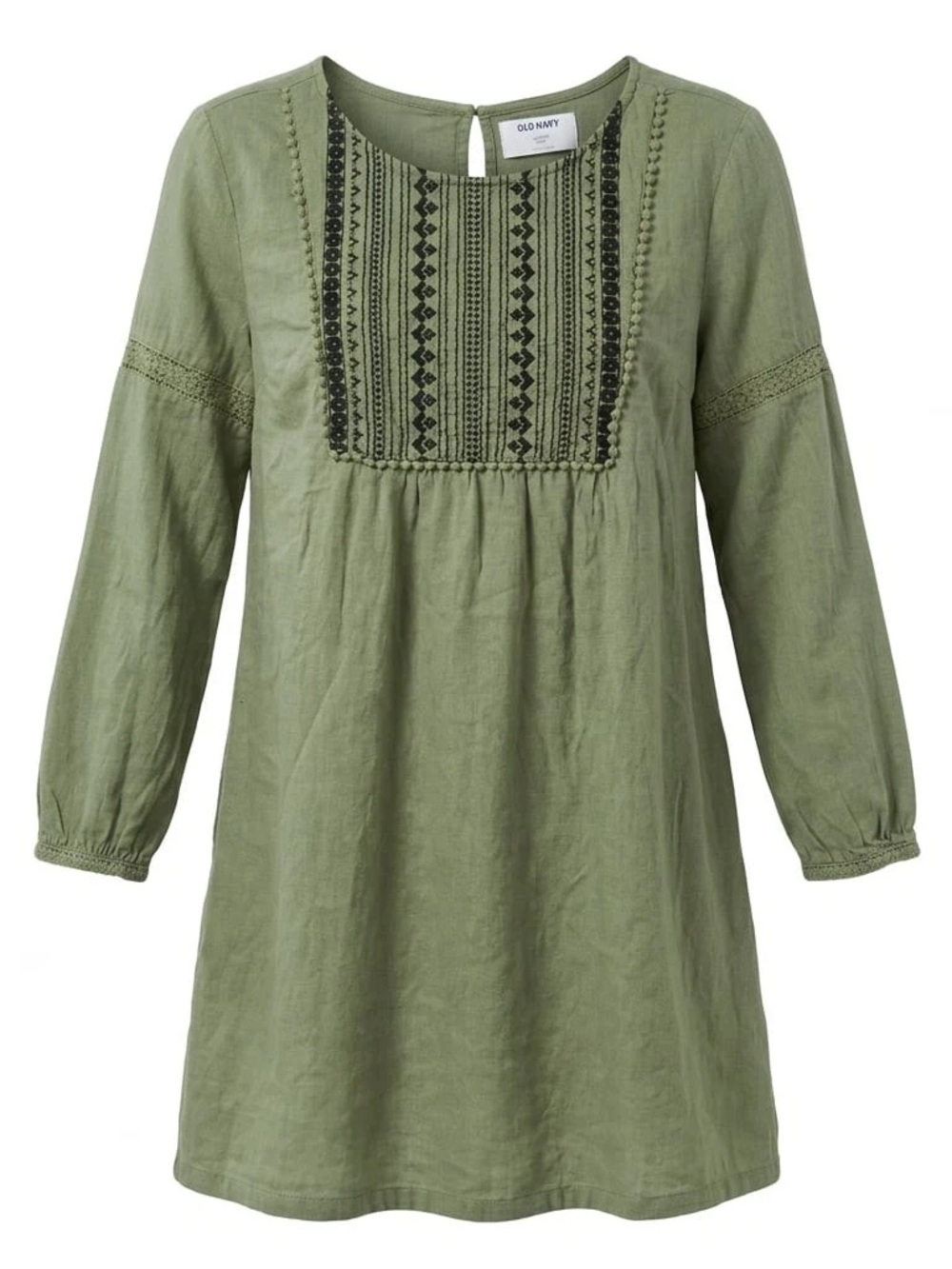 Old Navy Girls' Olive Green Embroidered Linen Long-Sleeve Dress (Size 10/12)